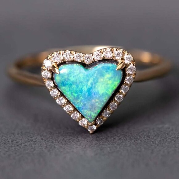 Heart Shaped Black Opal Halo Diamond Engagement Ring 18k Yellow Gold